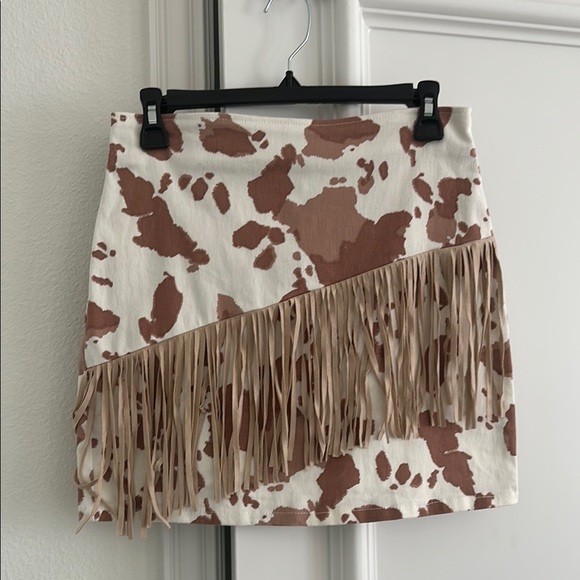 Cow Print Mini Skirt with Fringe and Zipper Closure - Picture 1 of 2